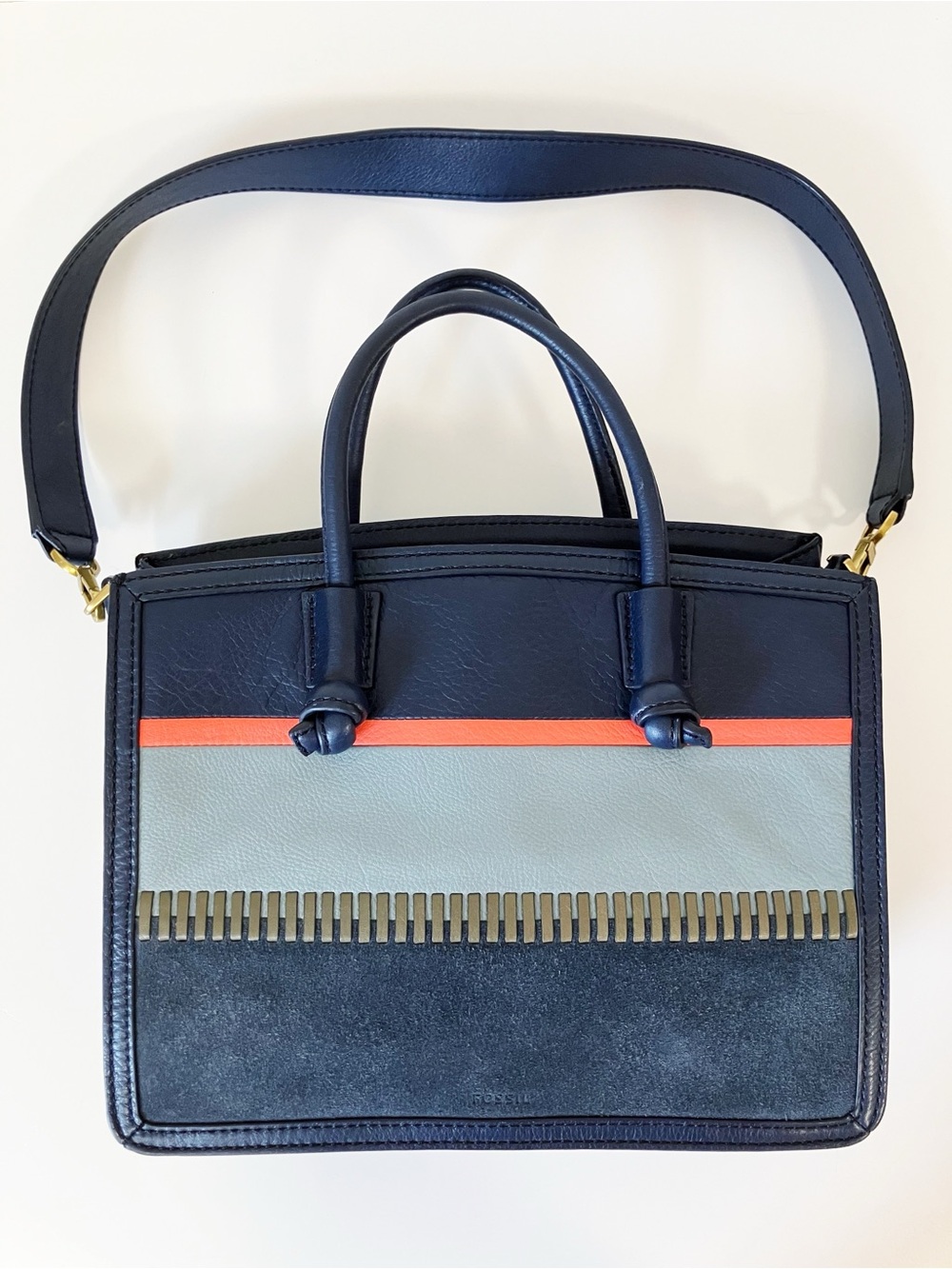 Fossil | Navy Blue Skylar Leather Patchwork Satchel Handbag Boho Chic Mature